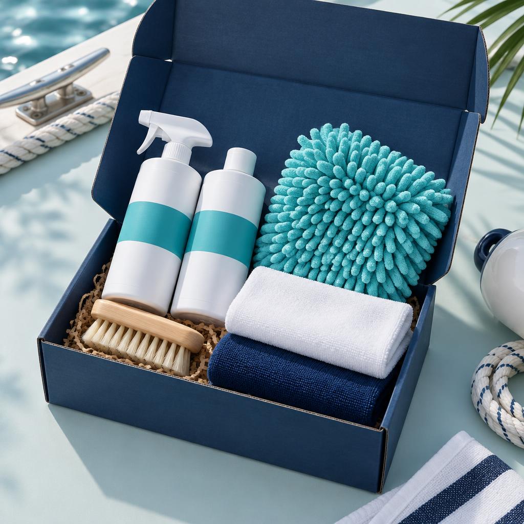 Illustrative Boat Wash Box with wash bottles, microfiber mitt, towels, and brush